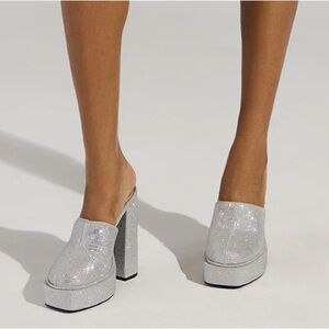 Silver Rhinestone Platform Mules